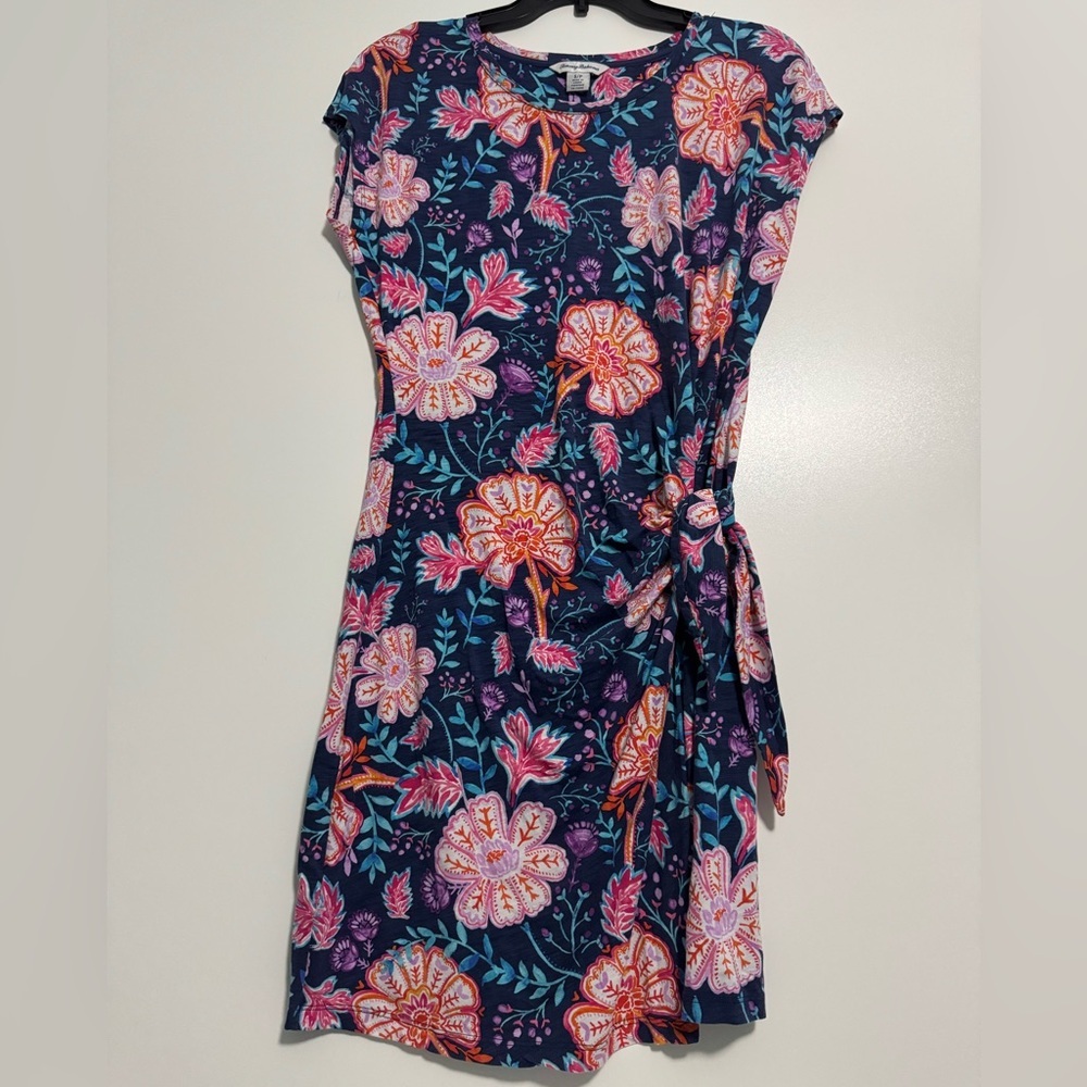 Tommy Bahama Navy Floral Wrap Dress with Pink and Orange Blooms